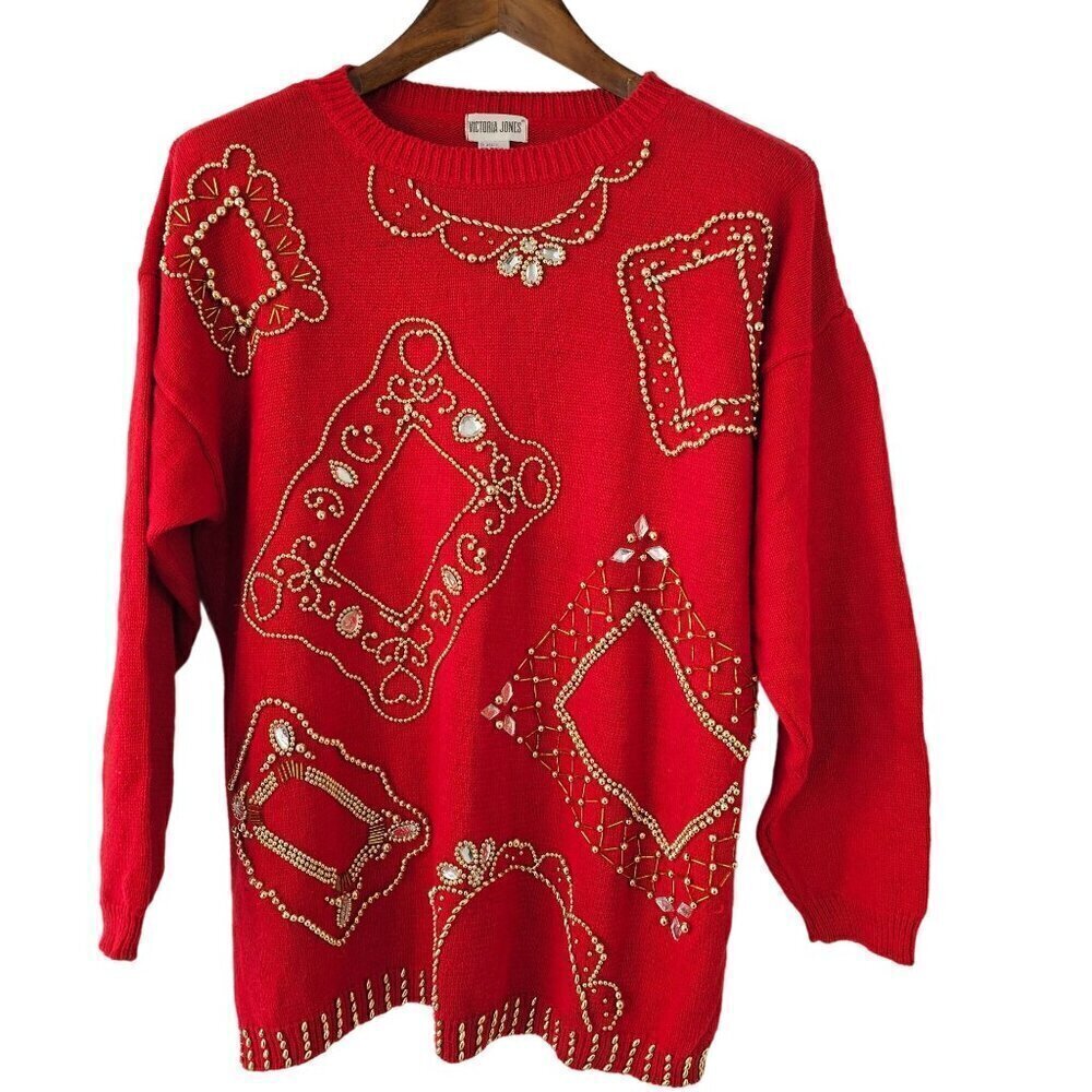 Victoria Jones Red Crewneck Sweater Womens L Gold Beading Cotton Knit 80s